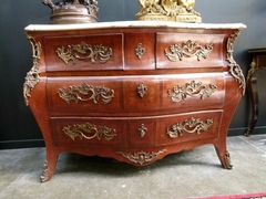 Louis 15 style Chest of drawers in differents woods,marble top and mounred bronzes, France 1880