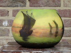 Art-nouveau style Cameo glass vase by Daum Nancy with boats in glass, France 1900