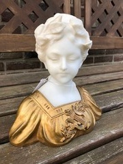 Art-nouveau style Lady buste by Nelson in gilded bronze and alabaster, France 1890