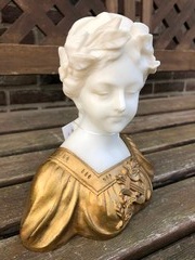 Art-nouveau style Lady buste by Nelson in gilded bronze and alabaster, France 1890