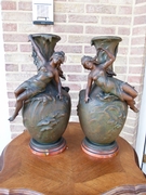 Art-nouveau style Pair vases with lady,s in spelter on marble base, France 1900