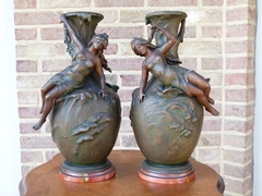 Art-nouveau style Pair vases with lady,s in spelter on marble base, France 1900