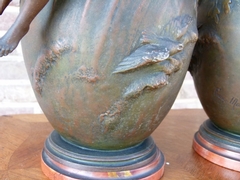 Art-nouveau style Pair vases with lady,s in spelter on marble base, France 1900