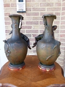 Art-nouveau style Pair vases with lady,s in spelter on marble base, France 1900