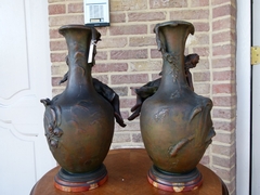 Art-nouveau style Pair vases with lady,s in spelter on marble base, France 1900