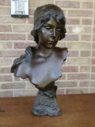 Art-nouveau style Sculpture by E.Villanis of a lady,s buste with foundry stamp in patinated bronze, France 1890