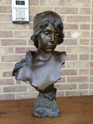 Art-nouveau style Sculpture by E.Villanis of a lady,s buste with foundry stamp in patinated bronze, France 1890