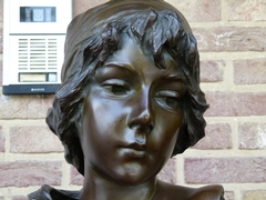 Art-nouveau style Sculpture by E.Villanis of a lady,s buste with foundry stamp in patinated bronze, France 1890