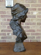 Art-nouveau style Sculpture by E.Villanis of a lady,s buste with foundry stamp in patinated bronze, France 1890