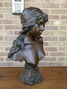 Art-nouveau style Sculpture by E.Villanis of a lady,s buste with foundry stamp in patinated bronze, France 1890