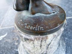 Art-nouveau style Sculpture of a naked lady by C. Maerlin in patinated bronze with foundry stamp and marble base, Germany 1900