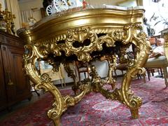 Barock style huge Gilded Italian table with marble top in gilded carved wood and marble, Italy 1860