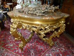 Barock style huge Gilded Italian table with marble top in gilded carved wood and marble, Italy 1860