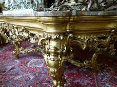 Barock style huge Gilded Italian table with marble top in gilded carved wood and marble, Italy 1860