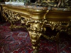 Barock style huge Gilded Italian table with marble top in gilded carved wood and marble, Italy 1860