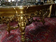 Barock style huge Gilded Italian table with marble top in gilded carved wood and marble, Italy 1860