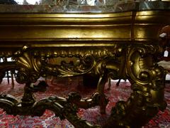 Barock style huge Gilded Italian table with marble top in gilded carved wood and marble, Italy 1860