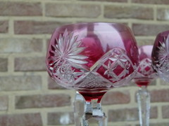 Bell epoque style 6 hand cut Val Saint Lambert  VSL crystal glasses in different colors, Belgium,Liége 1925