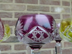 Bell epoque style 6 hand cut Val Saint Lambert  VSL crystal glasses in different colors, Belgium,Liége 1925