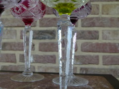 Bell epoque style 6 hand cut Val Saint Lambert  VSL crystal glasses in different colors, Belgium,Liége 1925