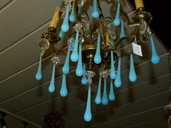 Bell epoque style Lamp with blue opaline drops in bronze, France 1920