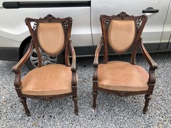 Bell epoque style Pair armchairs in walnut, France 1900