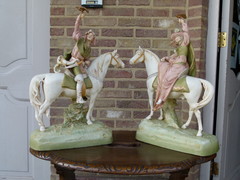 Bell epoque style Pair romantic Royal Dux sculptures of horse riding couple in bisquit, Austria 1920