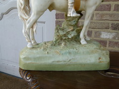 Bell epoque style Pair romantic Royal Dux sculptures of horse riding couple in bisquit, Austria 1920