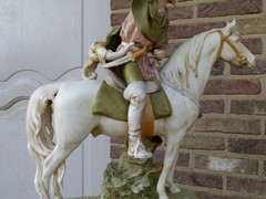 Bell epoque style Pair romantic Royal Dux sculptures of horse riding couple in bisquit, Austria 1920