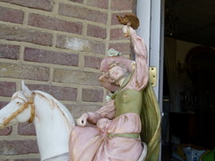 Bell epoque style Pair romantic Royal Dux sculptures of horse riding couple in bisquit, Austria 1920