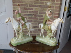 Bell epoque style Pair romantic Royal Dux sculptures of horse riding couple in bisquit, Austria 1920