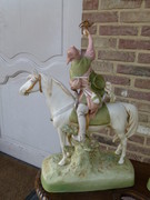 Bell epoque style Pair romantic Royal Dux sculptures of horse riding couple in bisquit, Austria 1920