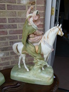 Bell epoque style Pair romantic Royal Dux sculptures of horse riding couple in bisquit, Austria 1920