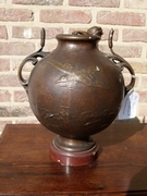 Belle epoque style bronze vase with putto,s on red marble base in patinated bronze, France 1890