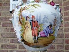 Belle epoque style Huge vase with romantic scenes in hand painted porcelain, Germany Turingen 1920