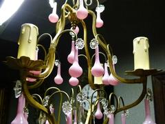 Belle epoque style Lamp whit rose opaline drops in gilded bronze,opaline and cristal, France 1925