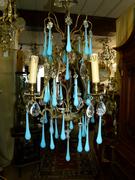 Belle epoque style Lamp with bleu opaline in gilded bronze frame and opaline glass drops, France 1920