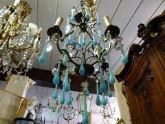 Belle epoque style Lamp with bleu opaline in gilded bronze frame and opaline glass drops, France 1920