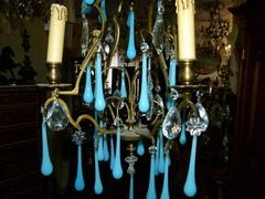 Belle epoque style Lamp with bleu opaline in gilded bronze frame and opaline glass drops, France 1920