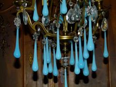 Belle epoque style Lamp with bleu opaline in gilded bronze frame and opaline glass drops, France 1920