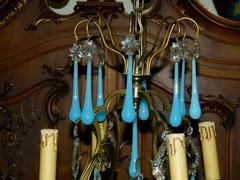 Belle epoque style Lamp with bleu opaline in gilded bronze frame and opaline glass drops, France 1920