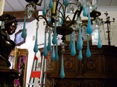 Belle epoque style Lamp with bleu opaline in gilded bronze frame and opaline glass drops, France 1920