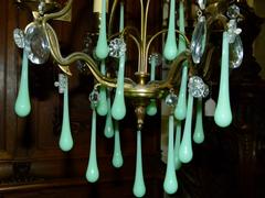 Belle epoque style Lamp with opaline in gilded bronze frame and opaline glass drops, France 1920