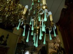 Belle epoque style Lamp with opaline in gilded bronze frame and opaline glass drops, France 1920