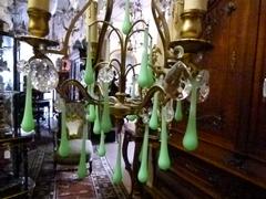 Belle epoque style Lamp with opaline in gilded bronze frame and opaline glass drops, France 1920