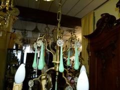 Belle epoque style Lamp with opaline in gilded bronze frame and opaline glass drops, France 1920