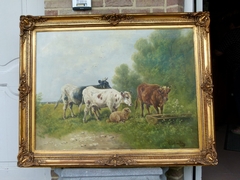 Belle epque style Painting by Paul Schouten of cows and sheep in oil on canvas, Belgium 1900