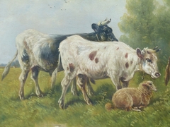 Belle epque style Painting by Paul Schouten of cows and sheep in oil on canvas, Belgium 1900