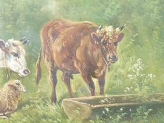 Belle epque style Painting by Paul Schouten of cows and sheep in oil on canvas, Belgium 1900