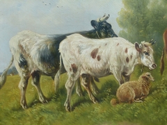 Belle epque style Painting by Paul Schouten of cows and sheep in oil on canvas, Belgium 1900